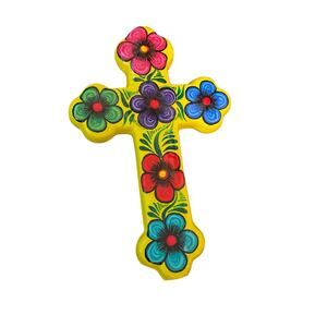 Ceramic CROSS Yellow Colorful High Gloss with Flowers Mexican Folk Wall Art 7"